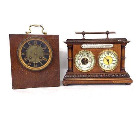 Walnut cased clock/barometer compendium, the 3" cream dials under a thermometer and inset into a pillared case with egg and d