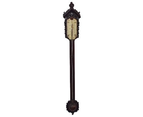 Rosewood stick barometer, the 8" ivory scale signed J & W.E Archbutt, 201 Westminster Bridge Rd, with a Gothic revival foliat