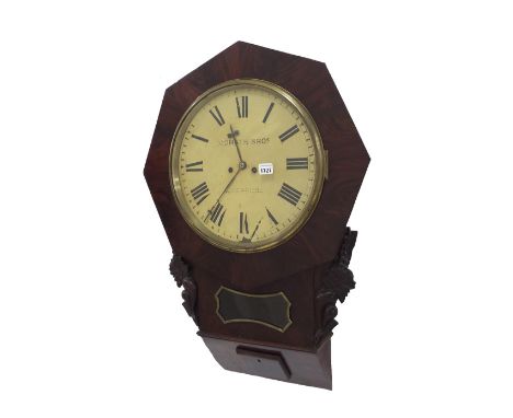 Mahogany double fusee drop dial wall clock, the 14" painted circular dial signed Morath Bros, Liverpool within an octagonal s