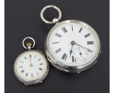 Attractive Swiss silver cylinder enamel engraved fob watch, 33mm (at fault); together with a silver engine turned pocket watc