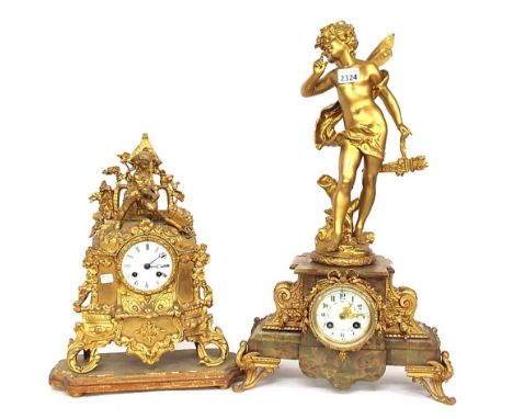 French gilt metal and green marble two train figural mantel clock striking on a bell, the 3" cream dial within a pedestal cas