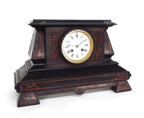 Good French black slate and red marble two train mantel clock of Egyptian influence, the Japy Freres movement striking on a b