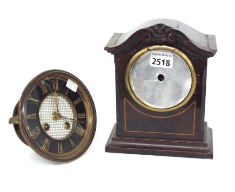 French striking clock movement with 4.25" chapter ring; also a small mahogany inlaid mantel clock case, 7.75" high (2)