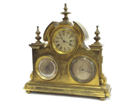 Brass industrial clock/thermometer/aneroid barometer compendium, the three 2" silvered dials within a broken arched stepped c
