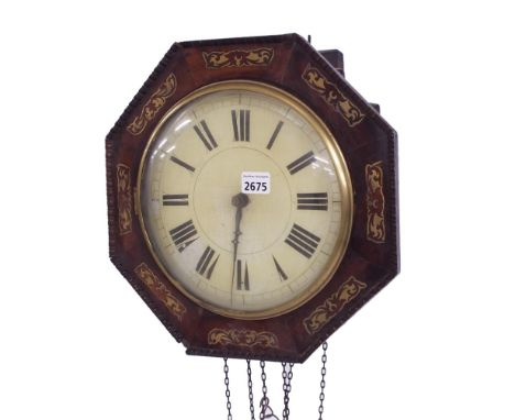 Black Forest alarm wall clock, the movement striking on a large gong and a stack of three bells, the 10" wooden dial within a