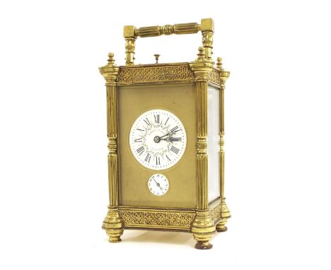 French repeater and alarm carriage clock striking on a gong, the 2" white dial signed Sennet Freres, Paris-Chine over a subsi