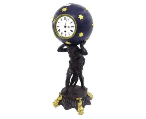 Contemporary Atlas and globe figural mantel clock timepiece, the 3.5" white dial and movement inset into a dark blue painted 