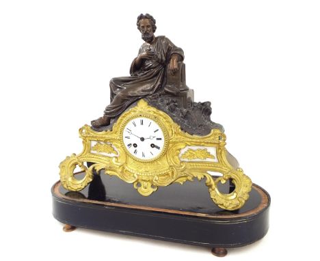 Two train figural mantel clock, the Japy Freres movement with outside countwheel striking on a bell, the 3.5" white dial with
