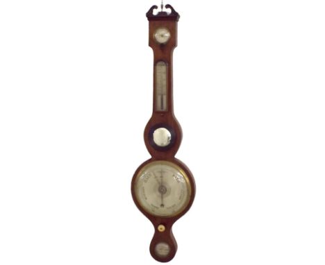 Mahogany inlaid five glass banjo barometer, 8" silvered dial, signed V. Albino, Bourton on the Water, 38" high