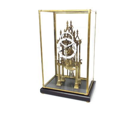 Contemporary reproduction single fusee Cathedral skeleton clock, the 5.25" chapter ring and 3.5" subsidiary seconds ring encl