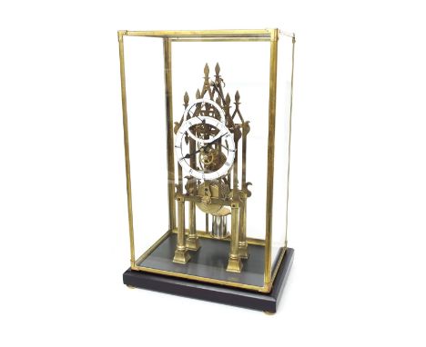 Contemporary reproduction single fusee Cathedral skeleton clock, the 5.25" chapter ring and 3.5" subsidiary seconds ring encl