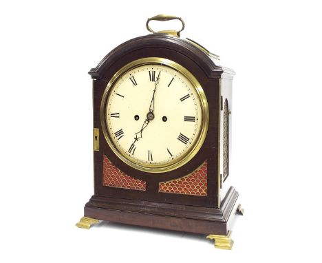 English fruitwood triple pad top double fusee verge bracket clock, the movement striking on a bell and back plate with foliat