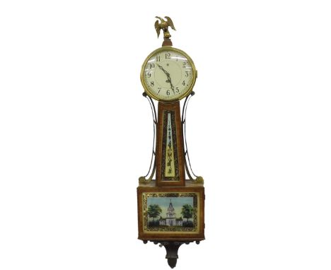 American mahogany and satinwood banded banjo wall clock (converted to electric), the 7" cream dial signed Sangamo over a tape