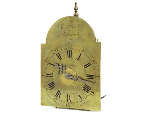 Good small English brass verge hook and spike lantern clock with alarm, the 5" brass arched dial with central alarm dial, sig