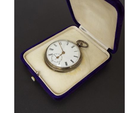 Silver fusee lever pocket watch, London 1865, unsigned movement no. 81654, engine turned case, 46mm; with purple velvet box