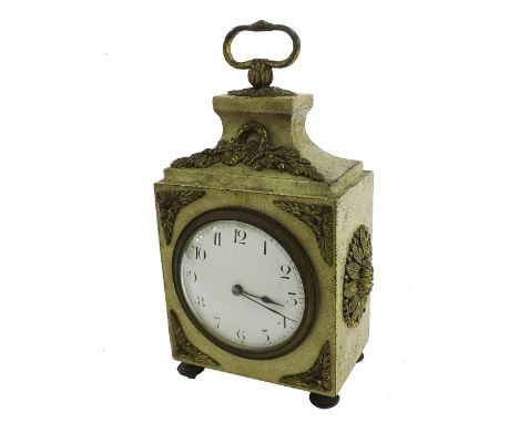French shagreen Pendule D'officer type clock timepiece, the 3.25" circular dial within a case with applied gilt metal mounts 