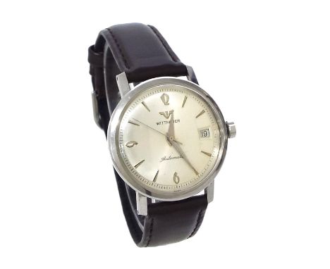 Wittnauer automatic stainless steel gentleman's wristwatch, circular silvered dial with Arabic quarter numerals, baton marker