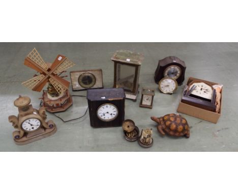 Selection of various clocks in need of restoration to include a Smiths Bakelite mantel clock, alabaster single train mantel c