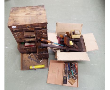 Eighteen drawer clockmaker's chest containing a selection of various tools; together with a box containing further tools