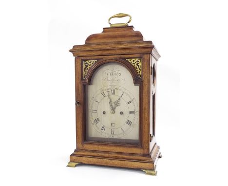 Good English fruitwood double fusee verge bracket clock, with intricately engraved floral back plate, the 7" silvered arched 