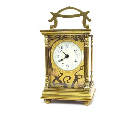 Art Nouveau carriage clock timepiece, the 1.75" cream dial within a gilt mask decorated with flowering foliage, within a bras