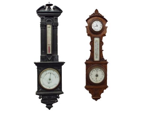Negretti & Zambra ebonised carved oak wall barometer/thermometer, within an architectural case, 36" high; together with a car