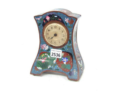 Small cloisonne mantel clock timepiece, the 2.25" silvered dial within a floral decorated swept case surmounted by a wavy cor