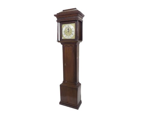 Good oak and mahogany crossbanded eight day longcase clock with five pillar movement, the 12" square brass dial signed Jonath