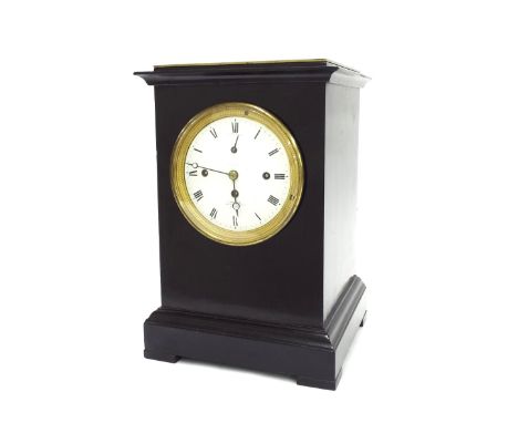 Good ebonised triple fusee mantel clock, the movement signed French, Royal Exchange, London, playing on nine bells and striki