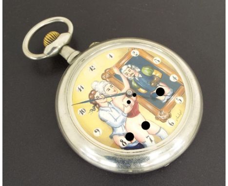 Doxa novelty erotic automaton Goliath pocket watch in a nickel case, lever movement, 68mm