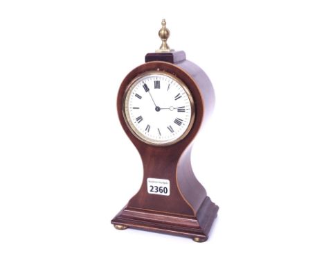 Small mahogany inlaid balloon mantel clock timepiece, surmounted by a turned brass finial, 11" high