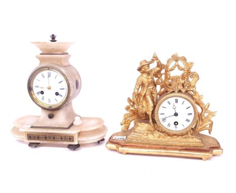 Gilded spelter figural drumhead mantel timepiece clock, 9.75" high; also a French onyx drumhead two train mantel clock striki