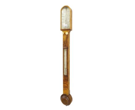 Figured walnut stick barometer/thermometer, the silvered angled scale signed Wood, Late Abraham & Co, 20 Lord Street, Liverpo