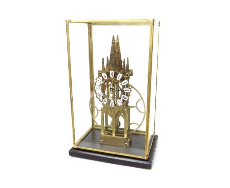 Contemporary reproduction great wheel Cathedral skeleton clock, the 6" chapter ring with Roman cartouche enamel numerals encl