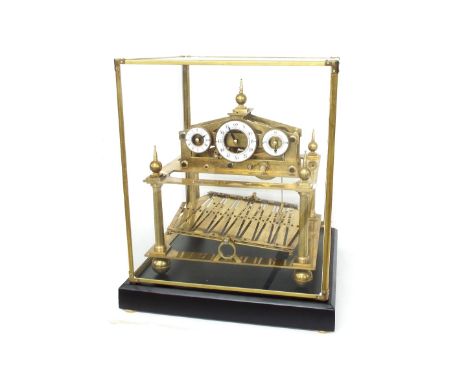 Contemporary reproduction brass single fusee Congreve rolling ball clock, the fusee movement and triple chapter ring supporte