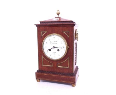 French mahogany two train mantel clock striking on a bell (missing), the 1.5" white dial spuriously signed McCabe, Royal Exch