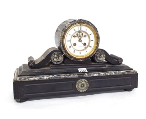 Black slate and grey marble two train drumhead mantel clock striking on a bell, the 4" white chapter ring enclosing a recesse