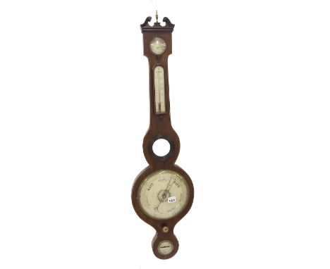 Mahogany inlaid five glass banjo barometer, with 8" circular silvered dial, 38" high