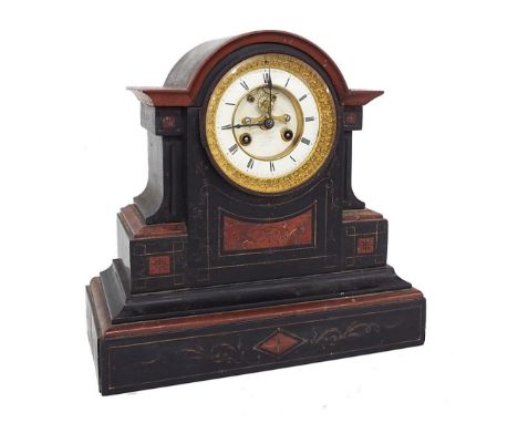 Black slate and rouge marble two train mantel clock striking on a bell, the 4" white chapter ring enclosing a recessed visibl