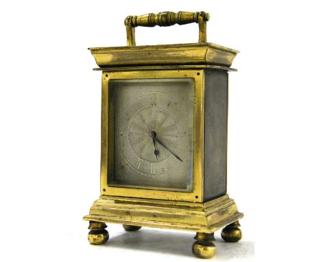 Interesting brass carriage clock with fusee watch movement signed Chas Haley, London, no. 2088, the 2" silvered square dial w