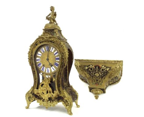 French boulle two train mantel clock and matching bracket, signed Jolly a Paris on the back plate and on an enamel plaque ben