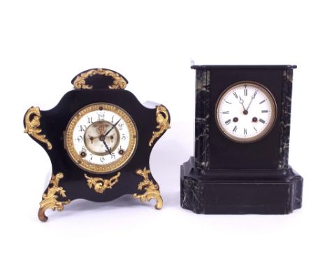 American cast iron two train mantel clock, the Ansonia movement striking on a gong, the 4" white chapter ring enclosing a rec