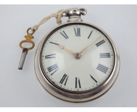 A silver pair cased pocket watch, verge escapement, movement signed James Miller, Stafford, the enamel dial with Roman numera