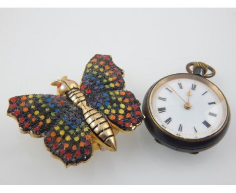 A novelty ladies pendant fob watch, modelled as a butterfly, the hinged wings enclosing the silvered dial, baton markers, tog
