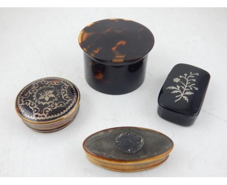 An early 19th century elliptical horn snuff box, a papier mache snuff box, silver plated pique work patch box and a circular 