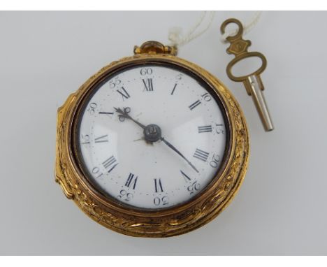 A 19th century gilt pair cased pocket watch, verge escapement, by Thos Potts, the white enamel dial with Roman and Arabic num