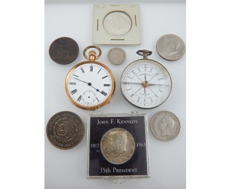An early 20th century  gentlemans yellow metal open faced pocket watch together with a late Victorian Gilbert pocket compass 