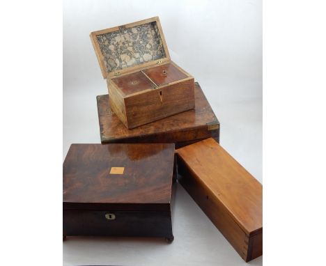 A late George III mahogany tea caddy of rectangular form, the interior with two lidded compartments, W. 19cm, together with t