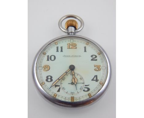 A 1940s Jaeger-LeCoultre military open faced pocket watch, keyless wind, the circular dial with Arabic numerals, subsidiary s