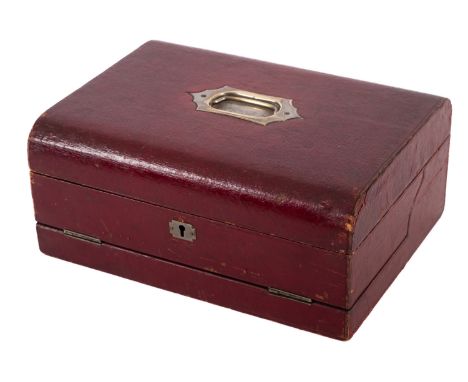 An Edwardian red leather correspondence case, early 20th century; the hinged cover with recessed metal swing handle, the fitt